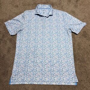 Johnnie-O Hendrick Malibu Printed Polo Shirt Mens Large Blue‎ Cocktail UPF 50